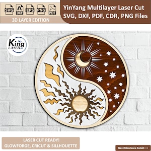 マルチレイヤーカットファイル装飾品 YIN YANG、Cricut 用 Yin Yang SVG ファイル、Glowforge 用 3D マルチレイヤー Yin Yang デザイン、Yin Yang ウォールアート