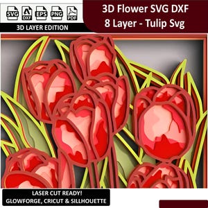 Tulipe SVG fleur 3D – 8 couches de modèle de création artistique en papier, fichier de coupe DXF pour Cricut & Silhouette