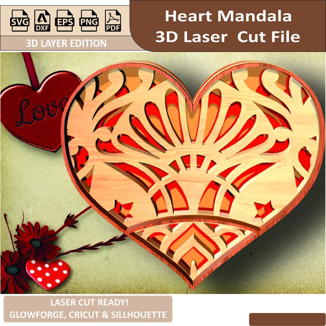3D Laser Cut File Heart Mandala Design | Intricate Layered SVG for ...