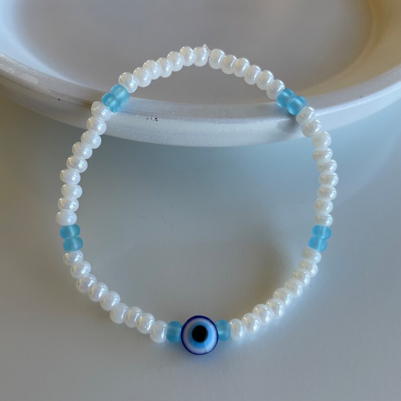 Evil Eye Bead Bracelet Stack White Bracelet Stretchy Etsy