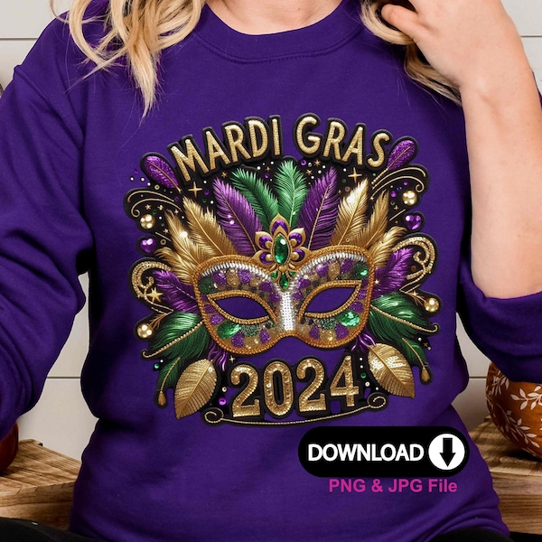 Mardi Gras Shirt png, 2024 Mask Feathers Png, Faux Sequin design, Faux Glitter Mardi Gras Shirt Print Sublimation Digital Download ONLY