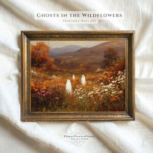 Vintage Halloween Ghosts in Wildflowers, Antique Oil Painting, Country Farmhouse Art, Classic Fall Decor, Digital Download, Printable