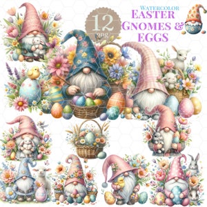 12 Spring Easter Gnomes Clipart Bundle, Cute Characters, Spring Gnomes, Commercial Use