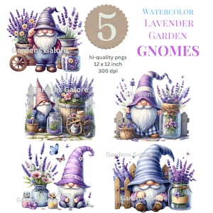 Aquarell Frühling Wichtel Clipart: Lavendel Blumen (PNG Digital Download)