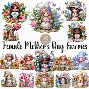 Female Gnomes Collection clipart, 16 PNG Garden Gnomes Clipart, Spring Gnomes, Gnomes with Flowers, Commercial Use