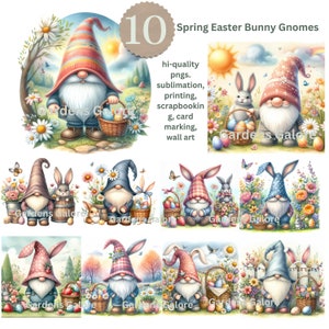 10 Floral Eastern Gnomes Clipart png, Gnomes Clipart Bundle, Watercolor Easter Bunny Sublimation, Cute Characters, Commercial Use