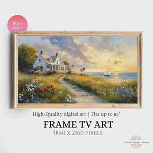 American Flag TV Art: Coastal Wildflowers, USA Oil Painting (Digital Download)