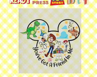 May include: A yellow and white Mickey Mouse head design with Toy Story characters including Woody, Buzz Lightyear, Rex, and Jessie. The text "You've Got A Friend In Me" is written in a circle around the characters.