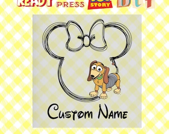 May include: A black and white outline of Mickey Mouse's head with a bow on top. Inside the outline is a cartoon image of Slinky Dog from Toy Story. The text "Custom Name" is written below the image. The text "100+ DESIGN OPTIONS" is written below the name.