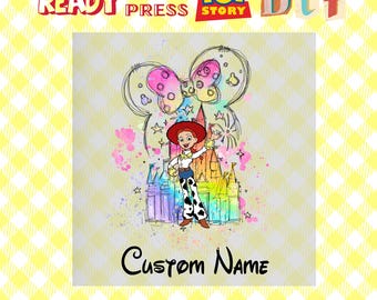 May include: A digital illustration of a cartoon character from the Toy Story movie franchise, Jessie, standing in front of a colorful sketch of a castle. The image has a watercolor effect and includes the text "Custom Name".