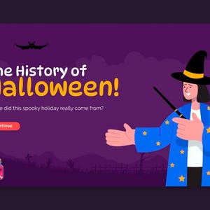 Op de afbeelding: Een digitale illustratie met een paarse achtergrond, een zwarte vleermuis, een gele pompoen en een toverdrankflesje. De tekst luidt The History of Halloween! Where did this spooky holiday really come from? Een figuur draagt een heksenhoed en blauwe mantel.