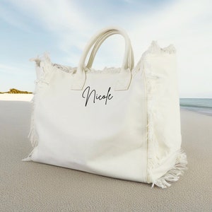 Personalized Fringe Canvas Tote, Custom Boat Tote Bag with Monogram, Summer Beach Tote, Custom Embroidered Name Bag, Bachelorette Gift