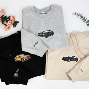 カスタムカー写真刺繍パーカー、カスタムカーポートレートマッチングセーター、カー愛好家カップルジャンパー、メモリアルポートレートパーカー、お父さんへのギフト