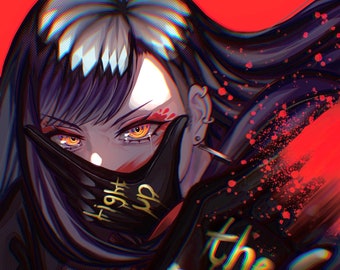 May include: Digital art illustration of a person with long black hair and yellow eyes, wearing a black mask and gloves. The mask has gold text that says "Fight Up". The glove has the words "the FIRE". The background is red.