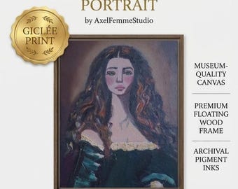 Doña Esmeralda - Dark Academia Female Portrait Giclée Canvas Print, Gothic Wall Art, Moody Oil Painting Replica with Floating Frame, 16"x20"