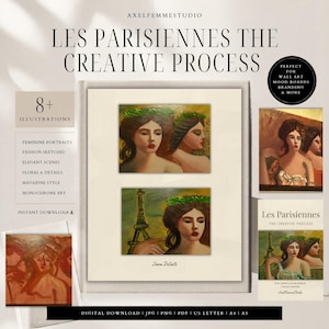 Puede incluir: Impresión artística de descarga digital titulada "Les Parisiennes The Creative Process". La obra presenta retratos femeninos, bocetos de moda y escenas elegantes. La imagen incluye el texto "8+ Ilustraciones" y "Descarga instantánea."