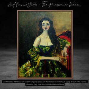 Puede incluir: Pintura al óleo enmarcada en un marco marrón, que representa a una mujer con un vestido verde oscuro y negro con detalles dorados, sentada en una silla roja. El texto en la parte inferior dice: "Axel Femme Studio - The Renaissance Woman".