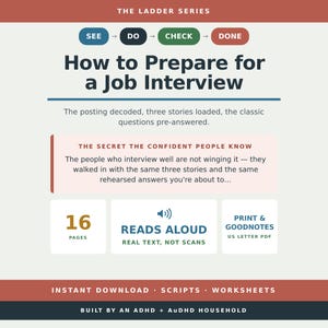 Könnte beinhalten: Ein digitaler Leitfaden mit dem Titel The Ladder Series: How to Prepare for a Job Interview. Er enthält einen Prozessablauf See, Do, Check, Done, 16 Seiten, Reads Aloud und Print & Goodnotes US Letter PDF. Der Text umfasst Skripte und Arbeitsblätter.