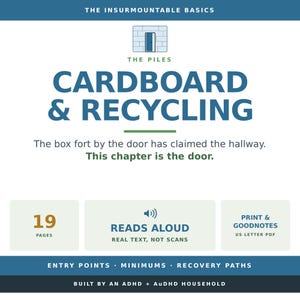 May include: A digital document titled The Insurmountable Basics: The Piles Cardboard & Recycling. It features a door icon, 19 pages, read aloud functionality, and is formatted as a US letter PDF for print and Goodnotes. Text includes Entry Points, Minimums, Recovery Paths, and Built by an ADHD + AuDHD Household.