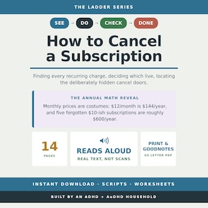 以下が含まれることがあります： The Ladder Series: How to Cancel a Subscriptionというタイトルの情報ドキュメント。4つのステップ、年間計算のセクションが含まれており、14ページ構成のUSレターサイズPDFで、ADHDの家庭によって作成されたものであることが記載されています。