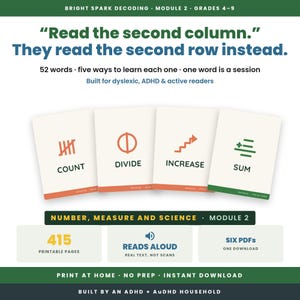 May include: Educational learning cards titled Bright Spark Decoding Module 2 for grades 4-9. Four white cards display the words Count, Divide, Increase, and Sum with icons. Includes 415 printable pages, reads aloud audio, and six PDFs for active readers.