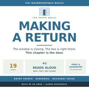 Puede incluir: Un documento digital titulado The Insurmountable Basics: The Admin Walls, Making a Return. Incluye 19 páginas, una función de lectura en voz alta y está en formato PDF US letter para impresión y Goodnotes. El texto menciona entry points, minimums, recovery paths.