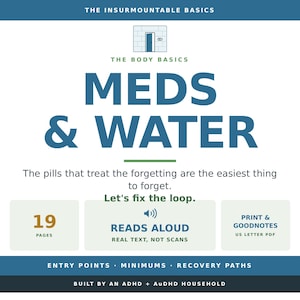 May include: A digital document titled THE INSURMOUNTABLE BASICS THE BODY BASICS MEDS & WATER. It includes the text: The pills that treat the forgetting are the easiest thing to forget. Let's fix the loop. Features 19 pages, reads aloud, and print & Goodnotes US letter PDF.