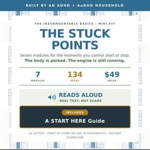 Puede incluir: Una tarjeta de información de producto digital titulada The Stuck Points, The Insurmountable Basics Mini Kit. Incluye siete módulos, 134 páginas y una guía de inicio. El texto incluye Built by an ADHD + AuDHD household y Reads Aloud.