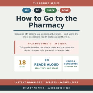 May include: A digital guide titled The Ladder Series: How to Go to the Pharmacy. It features sections on dropping off and picking up prescriptions, 18 pages, read aloud text, and print or Goodnotes compatibility in US letter PDF format.