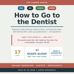 May include: A digital guide titled The Ladder Series: How to Go to the Dentist. It features a four-step process: See, Do, Check, Done. The document includes 17 pages, a reads aloud feature, and is formatted as a US letter PDF for print and Goodnotes.
