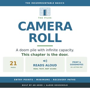Könnte beinhalten: Ein digitales Dokumentencover mit dem Titel The Insurmountable Basics, The Piles, Camera Roll. Es zeigt ein Türsymbol, Text mit 21 Seiten, Vorlesefunktion sowie Druck- und Goodnotes-PDF im US-Letter-Format. Unten stehen Entry Points, Minimums, Recovery Paths.