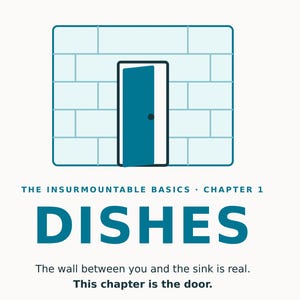 Op de afbeelding: Een grafische illustratie van een blauwgroene deur in een lichtblauwe bakstenen muur. Onder de afbeelding staat de tekst: THE INSURMOUNTABLE BASICS · CHAPTER 1 DISHES. The wall between you and the sink is real. This chapter is the door.