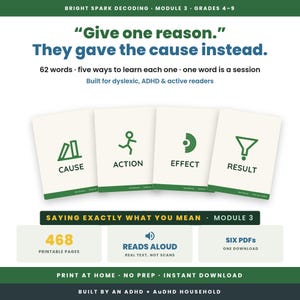May include: Educational materials titled Bright Spark Decoding Module 3 for grades 4-9. Includes four cards labeled Cause, Action, Effect, and Result with green icons. Text highlights 468 printable pages, reads aloud, and six PDFs for dyslexic and ADHD readers.