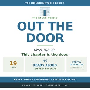 May include: A digital document titled The Insurmountable Basics: The Stuck Points Out The Door. It features 19 pages, a read aloud function, and is formatted as a US letter PDF for print and Goodnotes. Includes text: Entry Points, Minimums, Recovery Paths.
