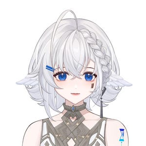 Puede incluir: Ilustración de un personaje con cabello blanco peinado con trenzas y ojos azules. El personaje lleva un vestido blanco con un cuello gris decorativo y un tatuaje de reloj de arena azul en el brazo. El vestido tiene un diseño de olas azules y blancas.