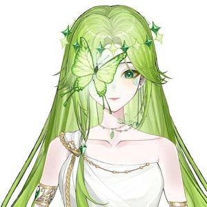 Puede incluir: Una ilustración digital de un personaje con cabello largo y liso de color verde lima, vistiendo una prenda blanca drapeada. Una mariposa grande de color verde claro descansa sobre un ojo. El personaje lleva un tocado verde en forma de estrella.