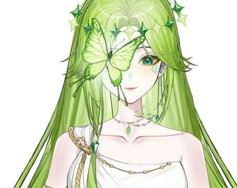 Può includere: Un'illustrazione digitale di un personaggio con lunghi capelli lisci color verde lime, che indossa un indumento bianco drappeggiato. Una grande farfalla verde chiaro riposa su un occhio. Il personaggio presenta un copricapo verde a forma di stella.