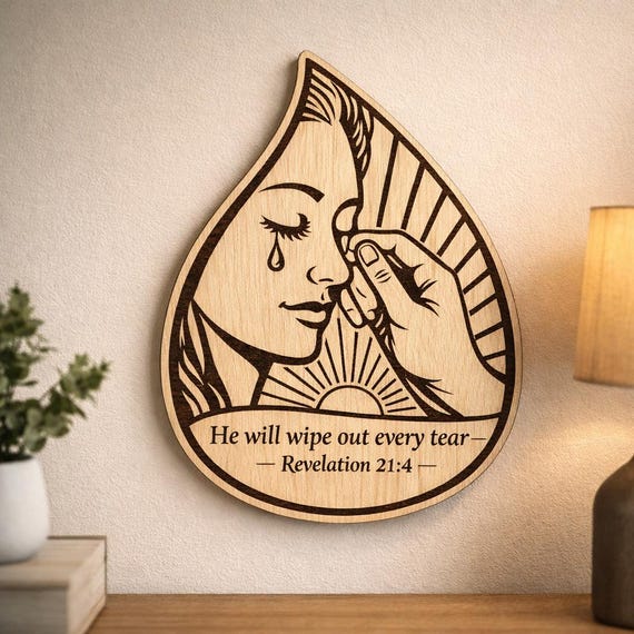 Revelation 21:4 Wood Scripture Plaque, Tear Drop Bible Verse Sign, Birch Comfort Gift, shown in an additional close-up listing view with visible shape and details.