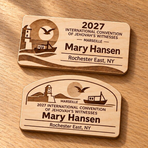2027 International Convention Marseille Personalized Birch Name Badge, Standard Kids Mini, Pin Magnetic or Lanyard