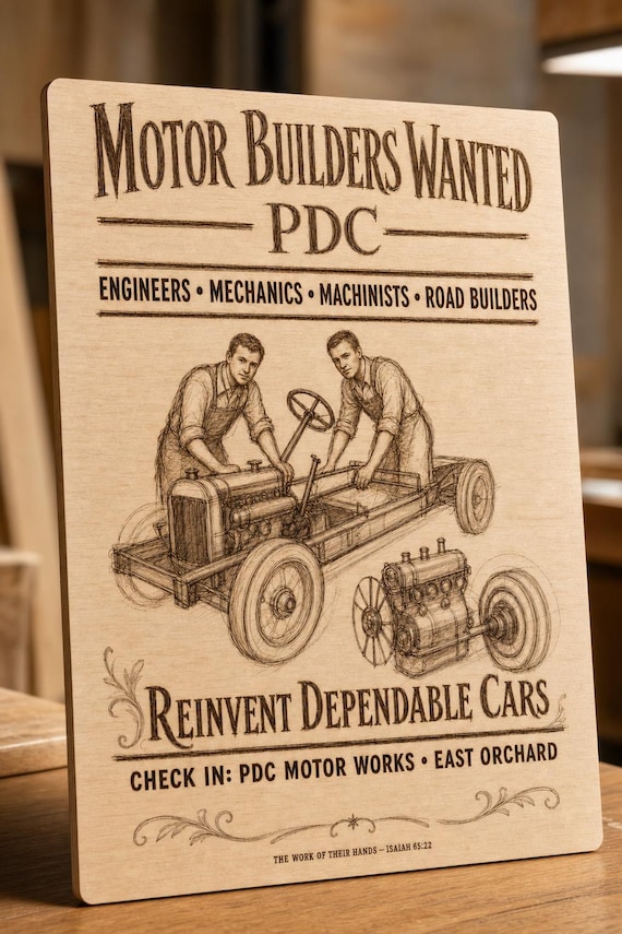 Natural birch engraved PDC Motor Builders Wanted wall sign with visible-faced illustrated people, close angled view in a realistic room showing the thin finished edge.