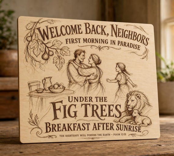 Natural birch engraved First Morning in Paradise wall sign with visible-faced illustrated people, close angled view in a realistic room showing the thin finished edge.