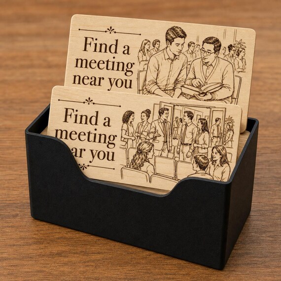 Welcome Path Meeting Contact Cards displayed close up in a matte black notched card case.