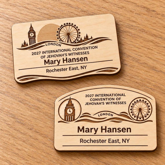 2027 International Convention London Personalized Birch Name Badge, Standard Kids Mini, Pin Magnetic or Lanyard