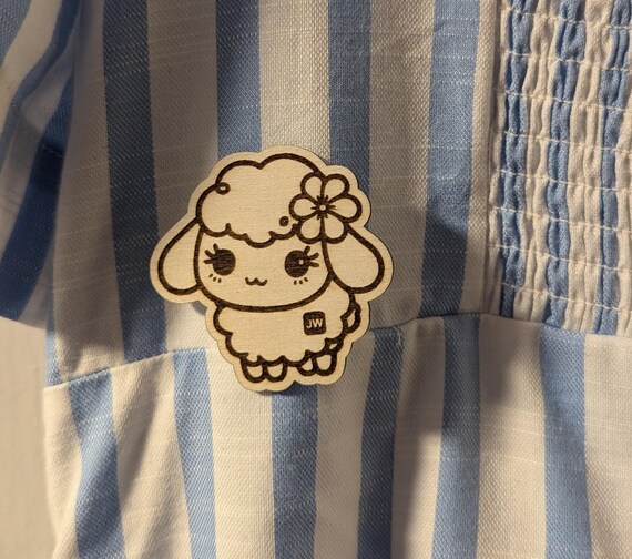 Personalized JW Sheep Pin, Theocratic Wood Gift Magnet or Keychain for Pioneer and Elder School, shown in an additional close-up listing view with visible shape and details.
