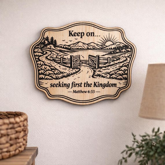 Matthew 6:33 Wood Scripture Plaque, Seek First the Kingdom Sign, Birch Wall Decor, shown in an additional close-up listing view with visible shape and details.