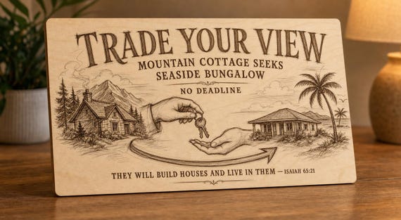 Natural birch engraved Trade Your Paradise View wall sign with visible-faced illustrated people, close angled view in a realistic room showing the thin finished edge.