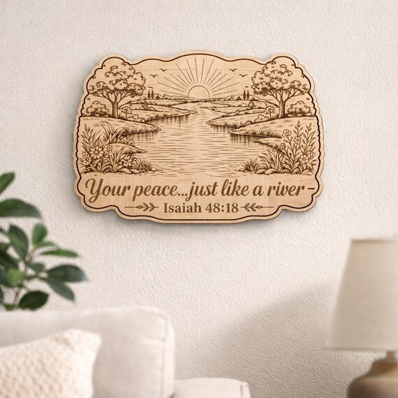 Isaiah 48:18 Wood Scripture Plaque, Peace Like a River Sign, Birch Bible Verse Decor, shown in an additional close-up listing view with visible shape and details.