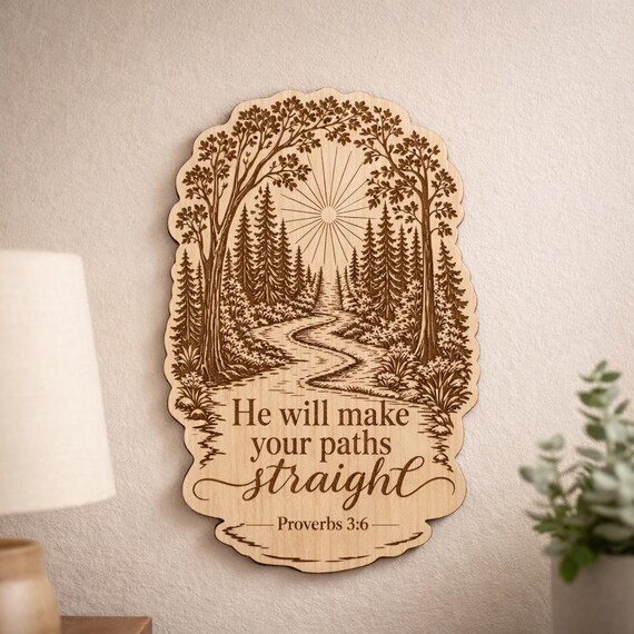 Proverbs 3:6 Wood Scripture Plaque, Forest Path Wall Decor, Birch Bible Verse Sign, shown in an additional close-up listing view with visible shape and details.