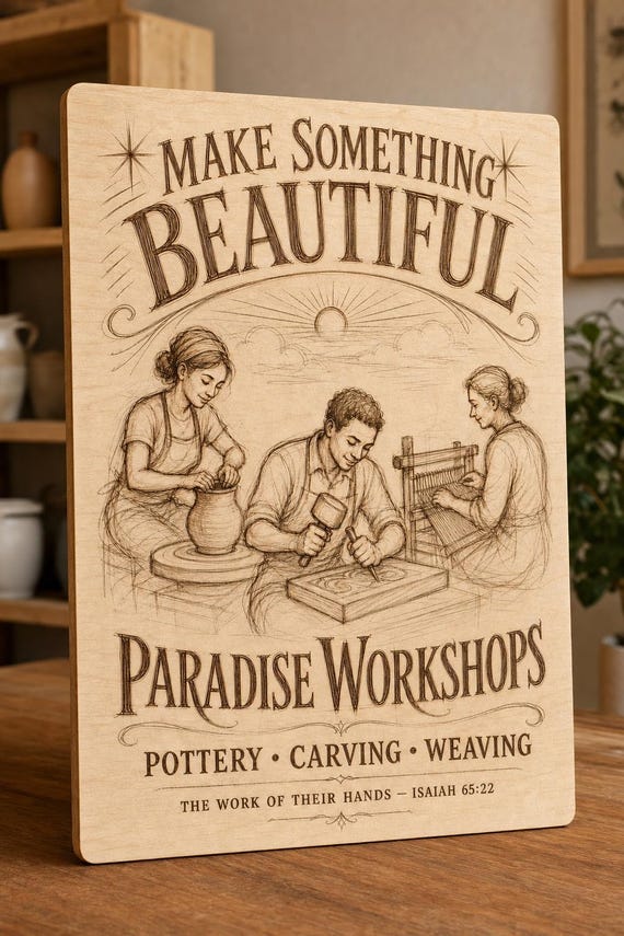 Natural birch engraved Paradise Craft Workshops wall sign with visible-faced illustrated people, close angled view in a realistic room showing the thin finished edge.