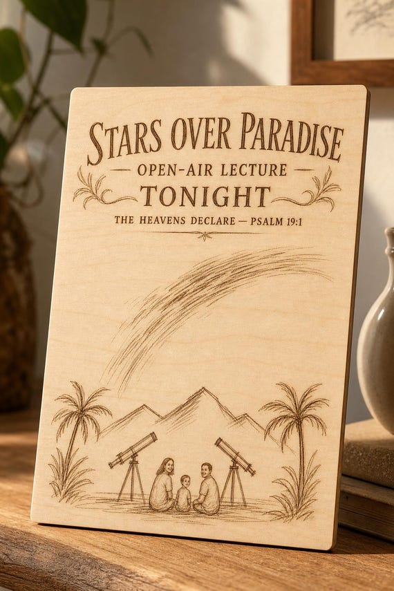Natural birch engraved Stars Over Paradise wall sign with visible-faced illustrated people, close angled view in a realistic room showing the thin finished edge.